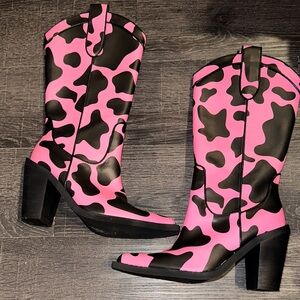 Trickz n Treatz  pink cow print RIDING HIGH COWBOY BOOTS